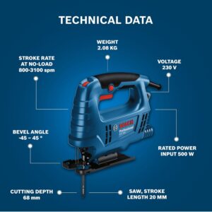 BOSCH GST 680 Corded Electric Jigsaw | 500W Motor | Cutting Depth 68mm | 1 Wood Blade & 1 Allen Key Included